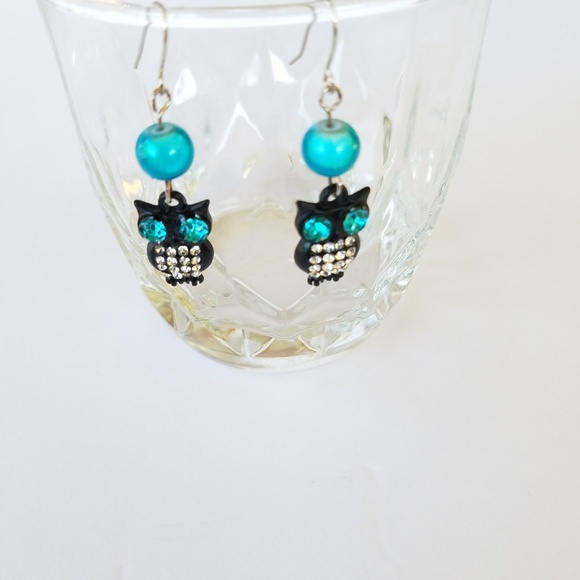 Hand Crafted Earrings Crystal-eyed Owl Dangle Aqua/Black Beaded 1.25” Pierced - Picture 4 of 6
